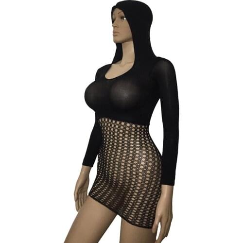Sexy Women Black See Through Hooded Chemise Mini Dress Long Sleeve Bodystocking Crochet Fishnet Nylon Bodysuit Lingerie