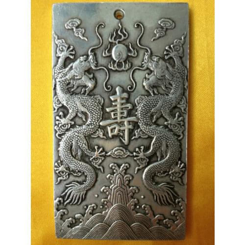 Old Chinese Ssangyong Longevity Tibet Silver Bullion Thanka Amulet 136G Collection Ornaments Statues for Decoration