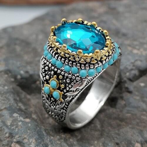 Vintage Zircon Stone Men Ring Ancient Silver Color Carved Turquoises Beads Jewelry Wedding Party Gifts Crystal Rings for Women