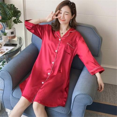 Large size Nightdress lapel cardigan womans rayon plus size wine red home skirt evening sexy skirt bathrobe 5 XL Sleepwear