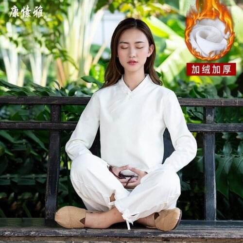 Women Tai Chi Yoga Uniforms Linen Winter Thick Fleece Warm Female Martial Arts Kungfu Casual Yoga Meditation Set Sweatshirt+pant