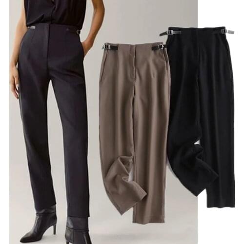 Jenny&Dave Women Pantalones England Style Office Lady Fashion Side of Buckle Straight Pants Mujer Pantalon Femme Trousers Women