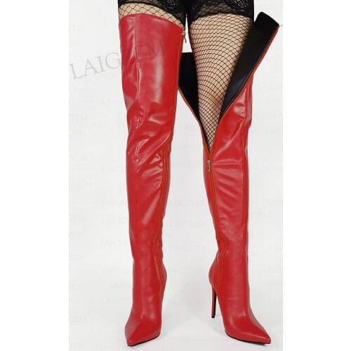 LAIGZEM Women Thigh High Boots Full Zip Pointed Toe Stiletto Heels Boots Over Knee Party Prom Zapatos Mujer Big Size 39 41 43 47