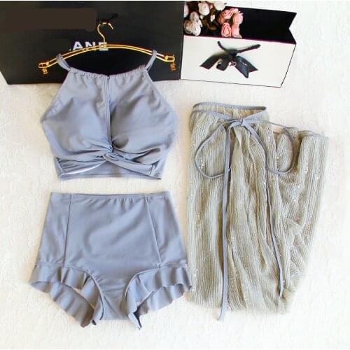 STAERK women three piece swimsuit set sexy korea bikini mujer long skirt Tankini Set Swimsuits Retro solid Swimwear Padded Push