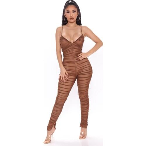 High Quality Khaki Draped Mesh Bandage Jumpsuit Summer Fashion Ladies Sexy Halter Sleeveless Bodycon Club Party Pencil Jumpsuit