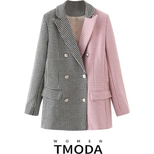 TMODA1766 Za 2021 Spring Autumn Women Pink Patchwork Woolen Blazer Coat Vintage Notched Collar Pocket Female Casual Chic Tops