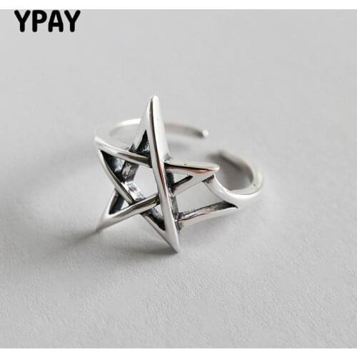 YPAY Authentic 925 Sterling Silver Adjustable Ring Vintage Exaggerated Hollow Stars Open Rings Women Ladies Bague Femme YMR580