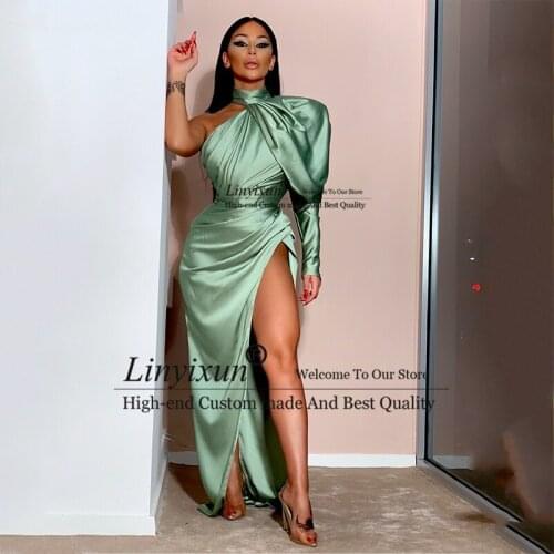 Sexy One Shouldr Emerald Green Evening Dress Mermaid Long Sexy Side Split Prom Gowns Halter Neck Celebrity Party Dresses