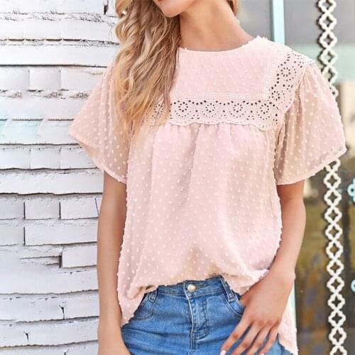 Summer Women Clothes Hook Flower Hollow O Neck Short Sleeve Blouse Casual Loose Elegant Fashion Tops Office Ladies Blouses