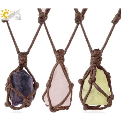 CSJA Natural Stone Rope Wrap Necklace Irregular Rose Crystal Quartz Pendant Necklaces Adjustable Women Girl Vintage Jewelry G317