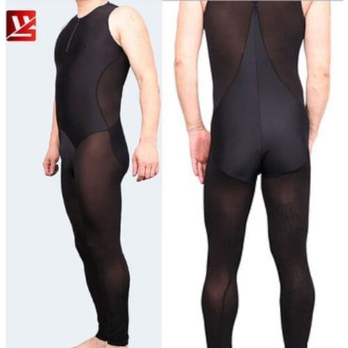 Men Cosplay Ice Silk Sheer Bodysuit Sportswear Body Shaping Fitness Leotard Patchwork Jumpsuit Water Sports Breathable Shapewear