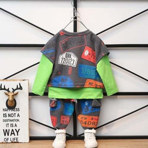 Childrens Clothing Sets Autumn New Boys Korean Fashion Three-piece Suit Solid Bottoming Shirts Print Short Sleeve Tops Pants