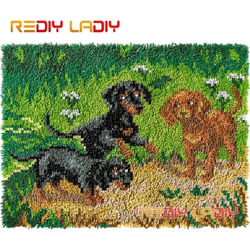 Latch Hook Rug Three Puppies Crocheting Wall Tapestry Kit DIY Carpet Rug Chunky Yarn Needlework Knitted Floor Mat Hobby & Crafts