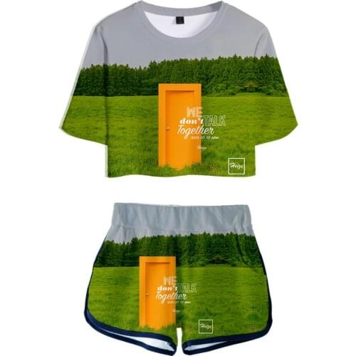 Summer cool sexy sports womens suit short-sleeved t-shirt printing HEIZE womens 3D exposed navel T-shirt + shorts brand suit