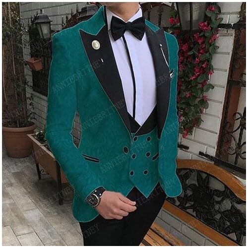 ANNIEBRITNEY Latest Jacquard Men Suit 3 Pieces Fashion Lake Blue Jacket Groom Wedding Suits Slim Tuxedo Blazer Vest Pants Set