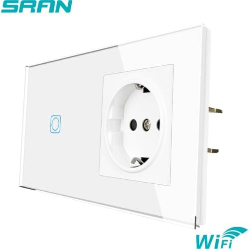 SRAN Tuya App EU 2Frame Wireless Switch And Socket Crystal Glass Panel 153*82mm 16A Wall Socket With Smart Switch 1Gang