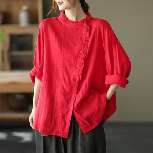 NINI WONDERLAND Autumn 2021 Cotton Long Sleeve Loose Shirt Women Solid Color Vintage Retro Top Spring Casual Blouse Mori Girls