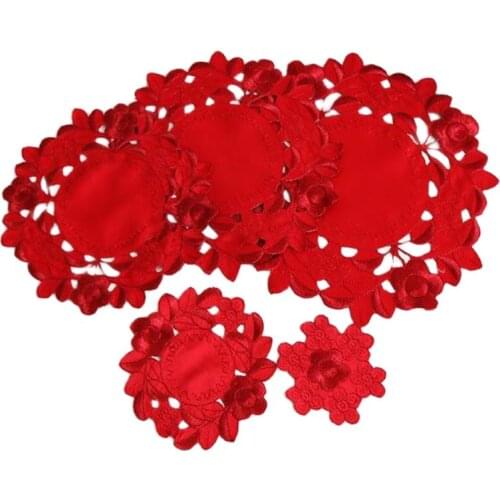 NEW lace round red embroidery table place mat cloth pad cup coaster placemat kitchen tea doily tableware Christmas wedding decor
