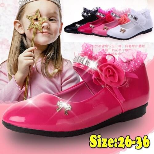 Flower Girls Shoes Spring Autumn Princess Lace PU Leather Shoes Cute Bowknot Rhinestone for 3-11 Ages Toddler Shoes