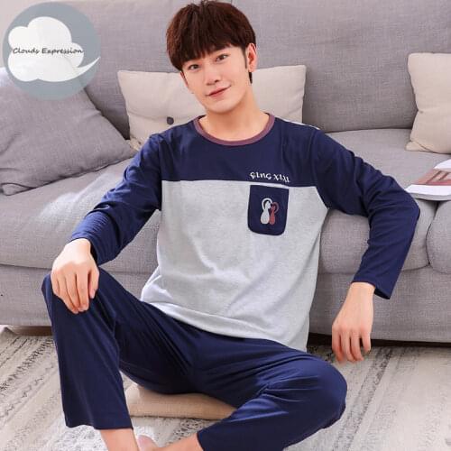 Autumn Winter Long Mens Cotton Pajamas Letter Striped Sleepwear Cartoon Pajama Sets Casual Men Pyjamas Plus Size 4XL Pijama