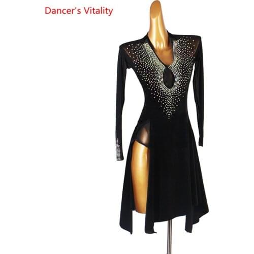 Latin Dance Dress Velvet Diamond Skirt Mesh Long Sleeve Performance Clothes Profession Custom Adult Child Competition Clothing