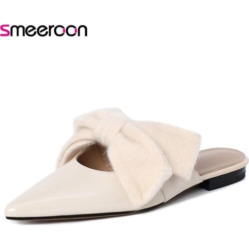 Smeeroon Hot Sale Genuine Leather Shoes Women Slipper Pointed Toe Bowknot Summer Single Shoes Comfortable Low Heel Slipper Woman
