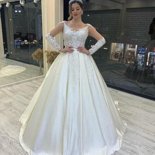 Vestido De Noiva 2021 Long Sleeves Wedding Dress Lace Appliques Bridal Gowns Sheer O-Neck A-Line Beaded illusion wedding Gown