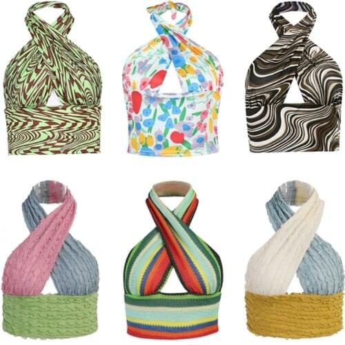 Summer Womens Sleeveless Crop Tops Female Stylish Floral Print Cut Out Halter Crisscross Camisole Vest