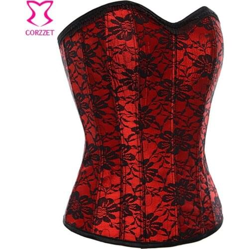 Victorian Showgirl Red Satin & Black Floral Lace Bustier Steel Boned Corset Gothic Espartilhos Corselet Overbust Sexy Korset XXL