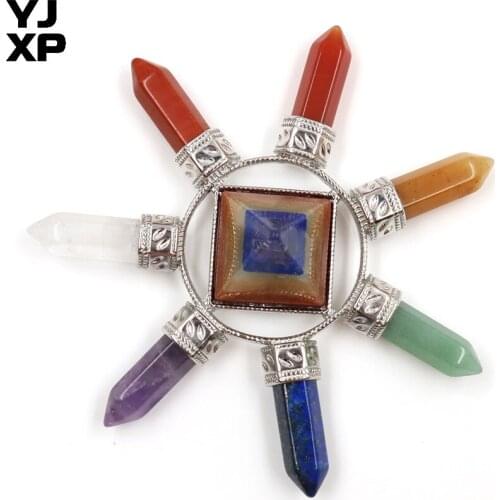 YJXP Energy Generator Transmitter 7 Chakra Natural Stone Hexagon Column 7 Color Layer Pyramid Reiki Healing Yoga Balance Jewelry