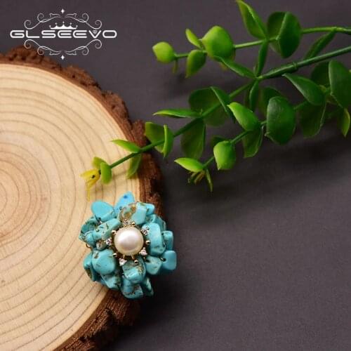 GLSEEVO Natural Freshwater Baroque Pearl Brooch Womens Memorial Day Wedding Turquoise Flowers Luxury Jewelry Accessories GO0367