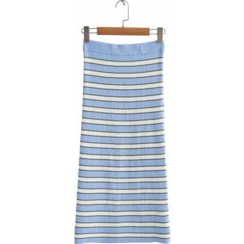 2021 Women Sprint Vintage Elasticity Knitted Midi Skirt Chic Striped Elastic Waist Streetwear Ladies Skirts Casual Vestidos