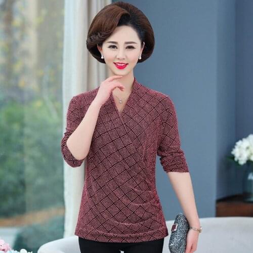 V-Neck Cross Women T-Shirts 2021 Spring Autumn Middle Age Mother Stretch Plus Size Pullovers Bottom Shirt Long Sleeve Tops 5XL