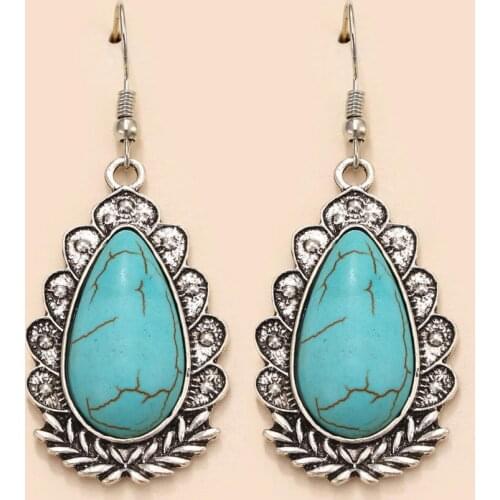 Textured Metal Petal Leaf Teardrop Turquoise Dangle Earrings for Women Fashion Natural Stone Centered Flower Earrings Jewelry
