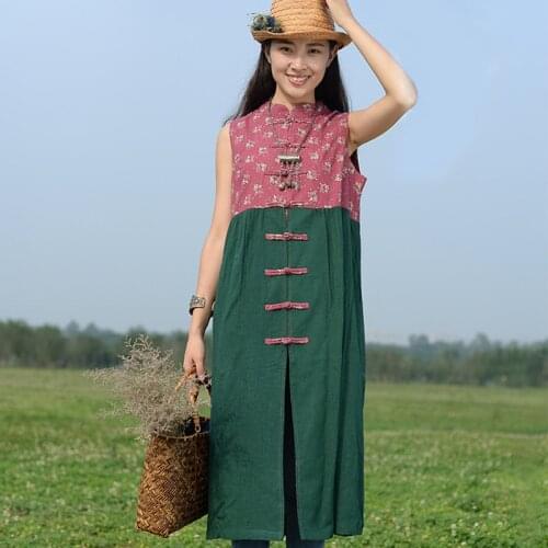 Chinese Style Womens Cotton Linen Long Sleevelss Waistcoat Summer Sleeveless Vest Top Female Shirt