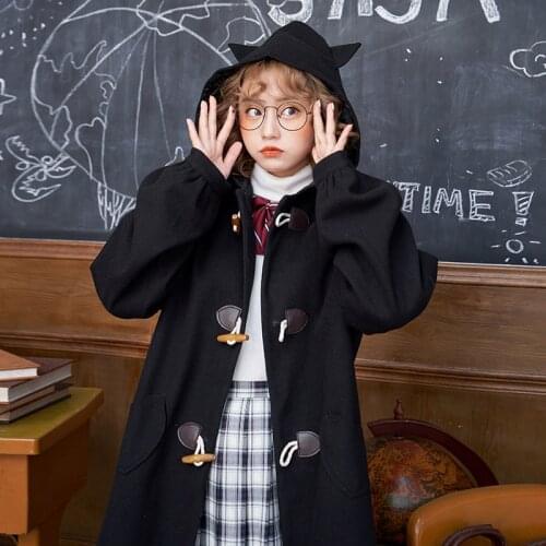 Womens autumn and winter 2020 new college style Japanese dark black devil hooded cardigan long woolen coat