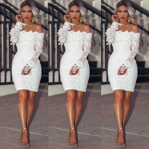 Women Elegant Sexy Lace Floral Evening Special Occasion Bodycon Dress White Long Sleeve Bridesmaid Wedding Short Mini Dresses