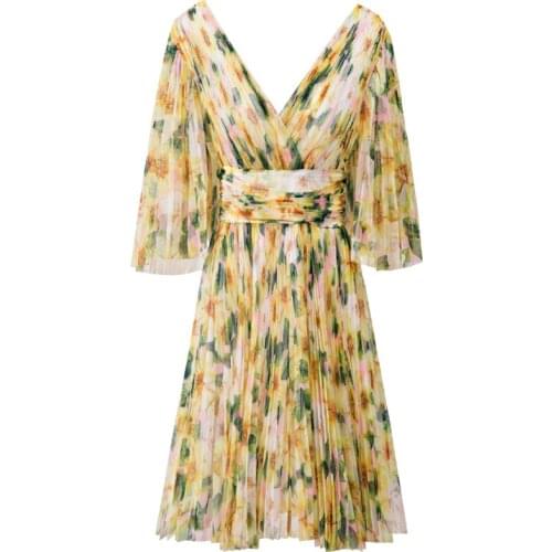 DIDABOLE Designer Summer New WomenS V-Neck Sexy High Street High Quality Mesh Print Fashion Elegant Party Casual Mini Dress