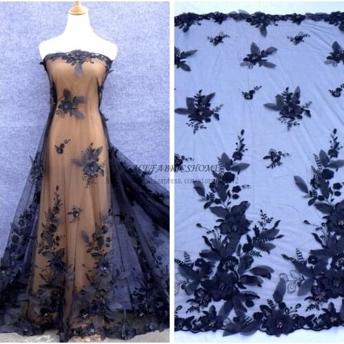 1 yard Black/Off White 3D flowers sequins on netting/mesh embroidered wedding/ evinging/show dress lace fabric by yard