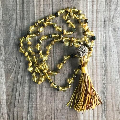 108 Mala Beads Necklace Tiger Eye & Yellow Quartzs Necklace Knotted Tassel Meditation Prayer Necklaces long Necklaces