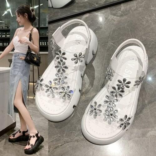 2021 Fashion Rhinestone Flower Sandals, Thick-Soled Casual Sandals, Ladies All-Match Roman Sandals, Anti-Skid Increase And Slim