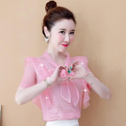 #8311 Summer Chiffon Blouse Women Short Sleeves Spliced Ruffles Sexy Thin Casual Basic Blouse Femme Pearls Women Tops Bow Collar