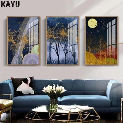 Abstract geometric tree koi fish wall art poster golden moon mountain landscape canvas painting indoor home decoration painting