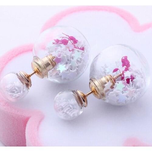 Freeshipping Double Glass Ball Glass Bubble & Stud Earring Set DIY Double glass Side Earing Findings (8mm and 14mm glass)