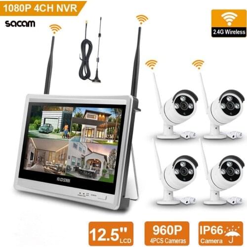 Wireless Home Camera Video Surveillance System 4CH NVR Kit 1080P Security System CCTV Wifi 12.5inch LCD Monitor and 4 Channel
