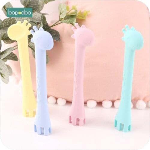 Bopoobo BPA Free Silicone Giraffe Spoon 1pc Feeding Fork Safety Tableware Infant Learning Spoons Teething Spoons Teether