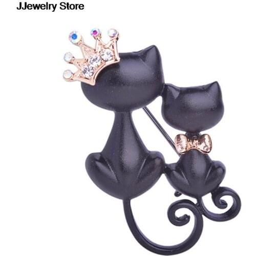Smooth Black Mother Daughter Cats Brooches Crystal Crown Queen Corsages Hijab Pin Women Hats Scarf Suit Brooch Clothes Buckles