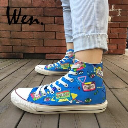 Wen Unisex Hand Painted Canvas Sneakers Design Custom Colorful Tapes Cartoon High Top Sneakers Lace Up Flats for Gifts