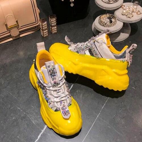 Genuine Leather Platform Sneakers Womens shoes Yellow Color Thick Sole Crystal Beading Leisure Shoes