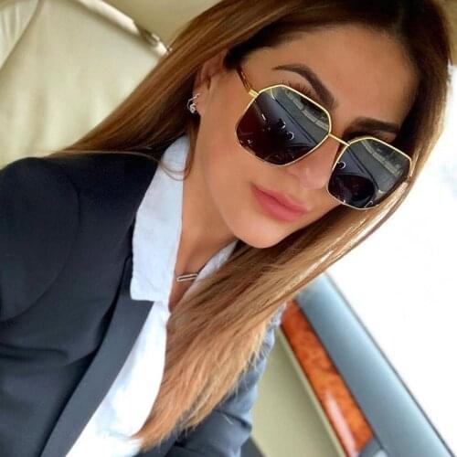 Square gold metal frame women sunglasses brwon lenses lady eyewear